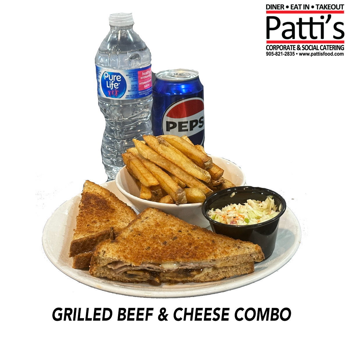 BEEF, SWISS & MUSHROOM GRILLED CHEESE W/ FRIES/COLESLAW OR GRAVEY/CAN OF POP OR BOTTLE