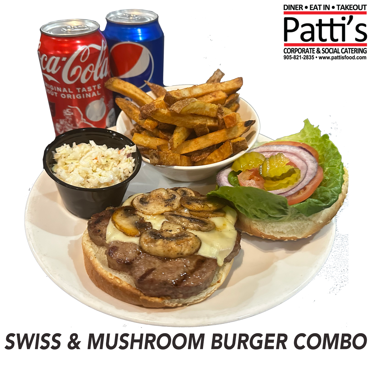 (FRI) SWISS & MUSHROOM BURGER W/FRIES/SLAW OR GRAVEY /CAN OF POP OR BOTTLED WATER