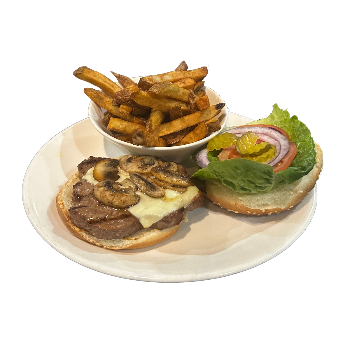 1/4 LBS SWISS & MUSHROOM BEEF BURGER COMBO W/FRIES, COLESLAW & CAN OF POP