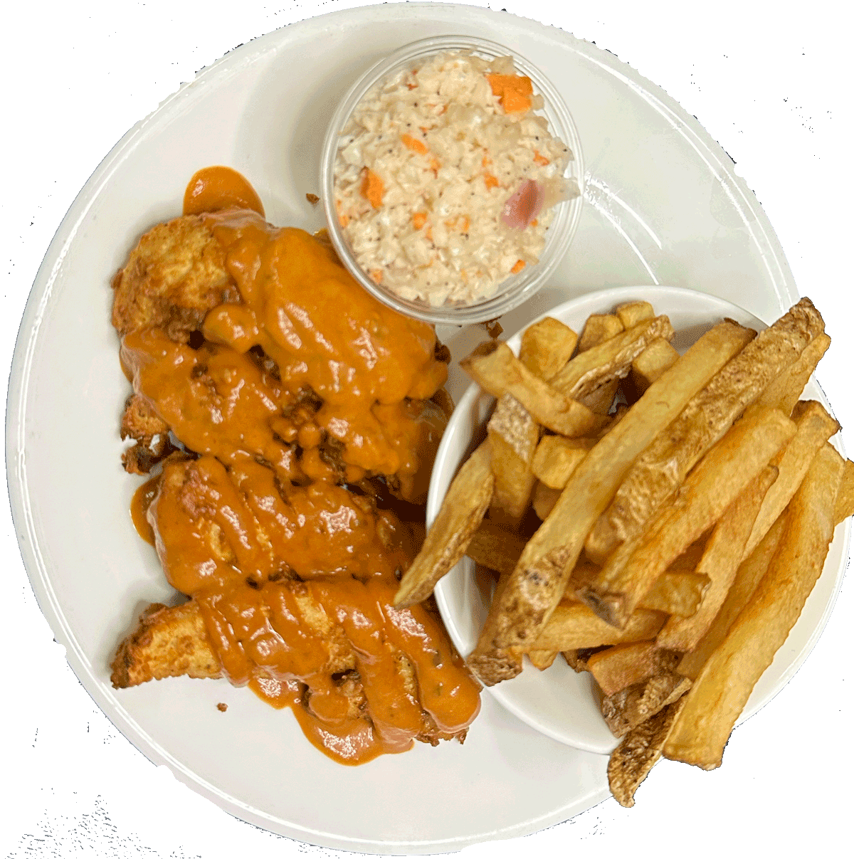 BUFFALO BREADED CHICKEN STRIPS WITH FRIES & SLAW