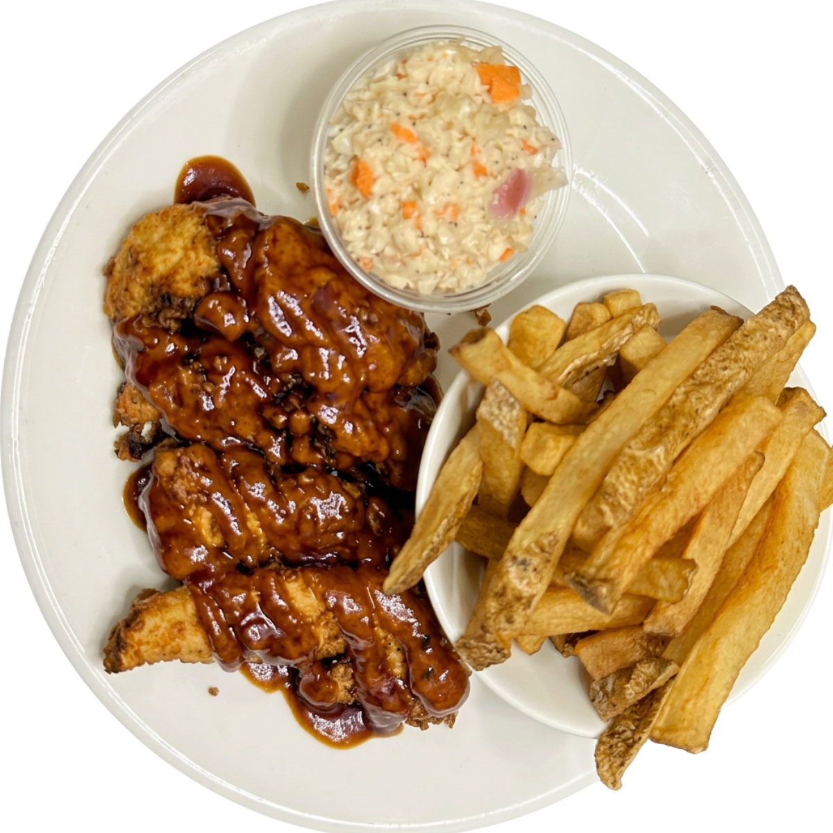 TERIYAKI BREADED CHICKEN STRIPS WITH FRIES & SLAW