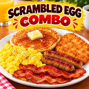  SCRAMBLED EGGS, BACON(2) OR SAUSAGE (2), MINI CROISSANT OR HASH BROWNS,