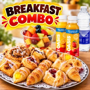 BREAKFAST PACKAGE: PASTRIES, BERRY BOWL OR YOGURT BOWL & GRANOLA. W/ JUICE OR WATER.