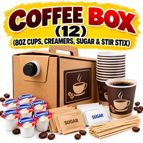 COFFEE BOX (12) (8OZ CUPS, CREAM, SUGAR & STIR STIX)