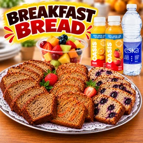 BREAKFAST PACKAGE: BREAKFAST BREAD, BERRY BOWL OR YOGURT BOWL & GRANOLA. W/ JUICE