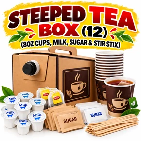 STEEPED TEA BOX (12) (8OZ CUPS, CREAM, SUGAR & STIR STIX)