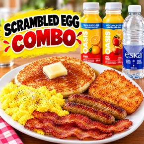 EGGS, BACON(2),&nbsp; SAUSAGE(2), HASH BROWNS, PANCAKES OR FRENCH TOAST. WITH JUICE OR WAT