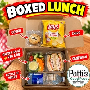 BOXED: DELI WRAP W/ SALAD OR VEG & DIP, FRUIT BOWL OR COOKIES, & CHIPS W/ WATER OR POP