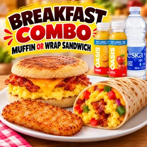 BREAKFAST PACKAGE: BREAKFAST SANDWICH/WRAP & HASH BROWN . W/ JUICE OR WATER.