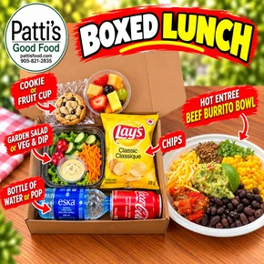 BOXED: ENTREE BOWL W/ FRUIT BOWL OR COOKIES, & CHIPS W/ WATER OR POP